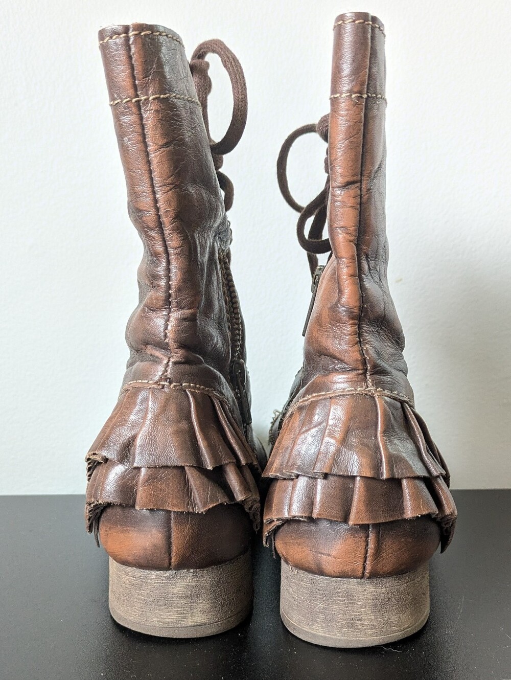 Betsey Johnson Vintage Distressed Brown Leather Combat Boots with Fringe Heel - Picture 5 of 10